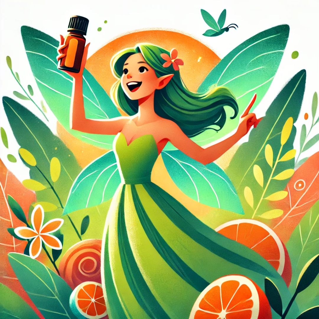 Fée joyeuse et confiante tenant un flacon d'huile essentielle doTERRA comme un trophée, entourée de couleurs vibrantes vertes et oranges, symbolisant la victoire.