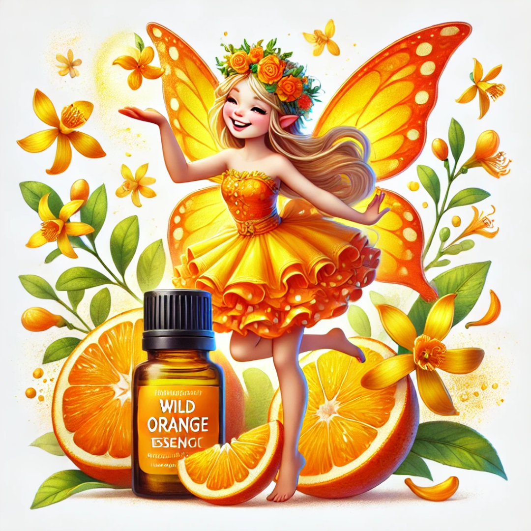 Fée joyeuse entourée d'orange et de fleurs d'agrumes, tenant un flacon d'huile essentielle d'orange sauvage doTERRA, symbolisant l'énergie et la vitalité.