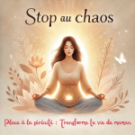 Femme en méditation entourée de lumière et de nature, symbolisant la paix intérieure et l'harmonie. Texte « Stop au chaos : Place à la sérénité – Transforme ta vie de maman ».